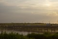 The calm wide river carries its waters under the morning sky