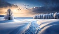 Calm winter landscape outside the city with snow and a beautiful spreading tree at sunset,