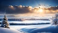 Calm winter landscape outside the city with snow and a beautiful spreading tree at sunset,