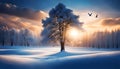 Calm winter landscape outside the city with snow and a beautiful spreading tree at sunset,