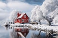 calm winter landscape small lonely red wooden house on the lake in the snowy forest in sunny day Royalty Free Stock Photo