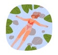 Calm woman floating on water surface, relaxing in nature. Summer holiday relaxation, restoration. Happy girl swimming in