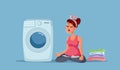 Calm Woman with Laundry Waiting Next to a Washing Machine