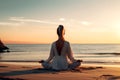 Calm woman meditating on beach near the sea. Healing Reflections