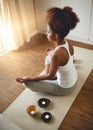 Calm woman, meditation and zen for yoga, spiritual wellness or healthy exercise at home. Female yogi relaxing or Royalty Free Stock Photo