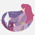 Calm woman reading book and drinking tea vector illustration. Simple character. Relaxation, hobby, hygge concept
