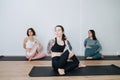 Calm women practicing yoga in a group, doing side twisting stretches