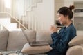 Calm young asian female working at laptop sitting on sofa, happy girl browsing internet or shopping online during sunny Royalty Free Stock Photo