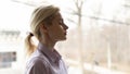 Calm young Caucasian woman meditate breathing fresh air Royalty Free Stock Photo