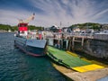 CalMac operated MV Loch Striven berthed at Oban with loading ramps deployed. This is a drive through roll on - roll off car ferry Royalty Free Stock Photo