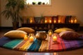 calming candles around a meditation cushion or yoga mat Royalty Free Stock Photo