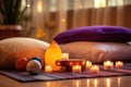 calming candles around a meditation cushion or yoga mat Royalty Free Stock Photo