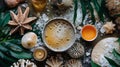 Flat lay of spa and wellness items with seashells and candles Royalty Free Stock Photo