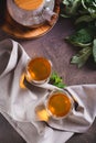 Calming green mint tea in cups and teapot on the table top and vertical view Royalty Free Stock Photo