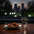 Nighttime Snack: Dates and Water on Wooden Table with Mosque in Background