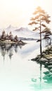 Serene Landscape, Lake, Trees, and Mountains Painting. Generative AI.