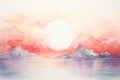 A calming painting showcasing a captivating sunset reflecting its warm hues on a peaceful body of water, Subtle watercolor