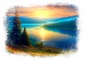 Watercolor landscape of sunrise over a pine forest on the shore of a mountain lake. There is a PNG format. Royalty Free Stock Photo