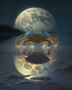 A calming reflection of a softly glowing moon radiating upon a homely crab Zodiac Astrology concept. AI generation