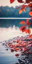 Calming River With Red Leaves: Uhd Image In Monochromatic Color Scheme