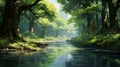 A calming river scene with reflections and a canopy of green trees