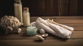 Serene Spa Scene: Massage Table Close-up, Natural Elements, Essential Oils & Waterfall