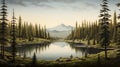 Calming Symmetry: A Meticulously Detailed Painting Of Forest And Lake