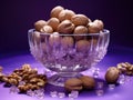 Nutty Splendor: Crystal Bowl of Mixed Nuts on a Smooth Lavender Canvas