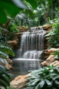 A calming waterfall cascading into a serene pool amidst lush, green foliage.