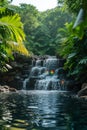 A calming waterfall cascading into a serene pool amidst lush, green foliage.