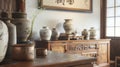 A calming zenlike view of the interior of a traditional Chinese medicine clinic with herbal jars acupuncture tools and