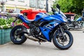 Calne, Wiltshire, UK, July 27, 2019. A blue Kawasaki Ninja parked during the Calne bike meet