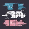 California t-shirt typography graphics with palm trees silhouette and grunge. Print for apparel design. Vector Royalty Free Stock Photo