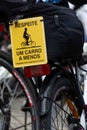 A Caloi brand bicycle with a banner informing about the importance of respect for cyclists on the streets. City of Salvador, Bahia Royalty Free Stock Photo