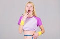 Calorie burn fitness exercise. Weight loss. Fitness and health. Female slim waist belly and tape measure. Trying to slim Royalty Free Stock Photo