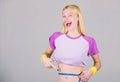 Calorie burn fitness exercise. Weight loss. Fitness and health. Female slim waist perfect belly and tape measure. Trying Royalty Free Stock Photo