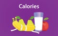 Calories based diet illustration with milk, banana and apple Royalty Free Stock Photo