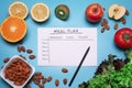 Calories control, meal plan, diet and weight loss concept. Top view of the meal plan. Flat lay with various fruits Royalty Free Stock Photo