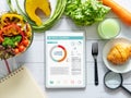 Calories counting , diet , food control and weight loss concept. tablet with Calorie counter application on screen at dining table Royalty Free Stock Photo