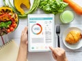 Calories counting , diet , food control and weight loss concept. woman using Calorie counter application on tablet at dining table Royalty Free Stock Photo