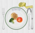 Calories scale plate with diet food Royalty Free Stock Photo