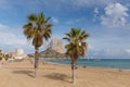 Calpe Costa Blanca Alicante Spain with beach, palm trees and Penon de Ilfach rock