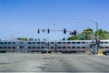 Caltrain crossing at a street junction near a residential neighborhood in Sunnyvale Royalty Free Stock Photo