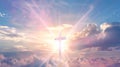 Calvary cross against the background of a gentle dawn sky with clouds and rays of the sun. Royalty Free Stock Photo