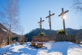 calvary hill with three crosses, winter landscape Birkenstein, Fischbachau Royalty Free Stock Photo