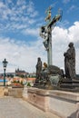 Calvary Monument in Charles Bridge and St Vitus Cathedral Prague Czech Republic