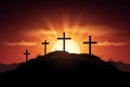 Calvary sunset background for Good Friday He is risen. Generative AI.