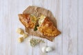 Calzon, special pizza dough loaded with several cheeses. top view Royalty Free Stock Photo