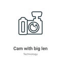 Cam with big len outline vector icon. Thin line black cam with big len icon, flat vector simple element illustration from editable