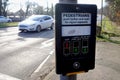 Camberley, Surrey, UK - February 6 2018: Pedestrian crossing button and control display, where people can push a button to change